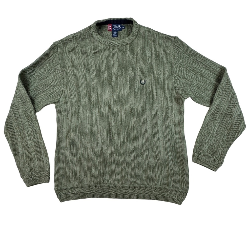 Vintage Chaps Men's L Olive Green Cotton Crew Neck Herringbone Knit Sweater 90's